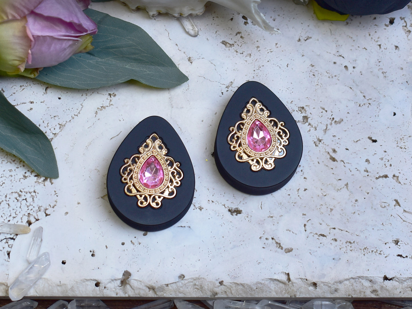 Teardrop Ear Plugs 34-60mm with Pink Crystal & Gold Victorian Decoration