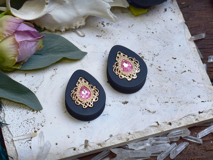 Teardrop Ear Plugs 34-60mm with Pink Crystal & Gold Victorian Decoration