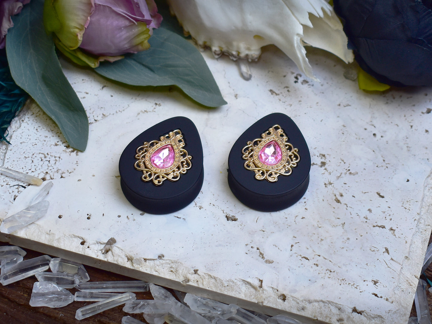 Teardrop Ear Plugs 34-60mm with Pink Crystal & Gold Victorian Decoration