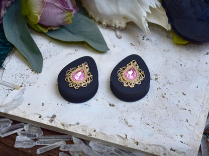 Teardrop Ear Plugs 34-60mm with Pink Crystal & Gold Victorian Decoration