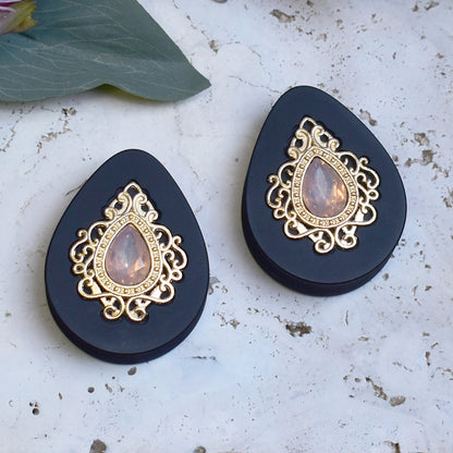 Teardrop Ear Plugs 34-60mm with Opal Peach Crystal & Gold Victorian Decoration