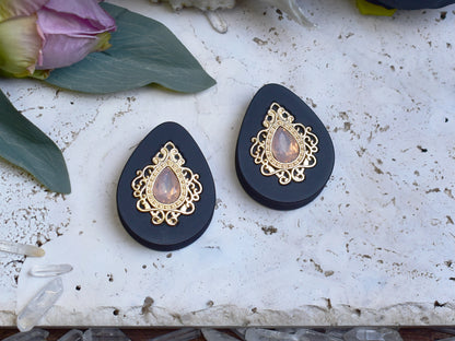 Teardrop Ear Plugs 34-60mm with Opal Peach Crystal & Gold Victorian Decoration