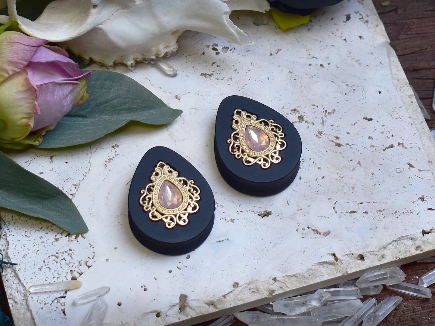 Teardrop Ear Plugs 34-60mm with Opal Peach Crystal & Gold Victorian Decoration