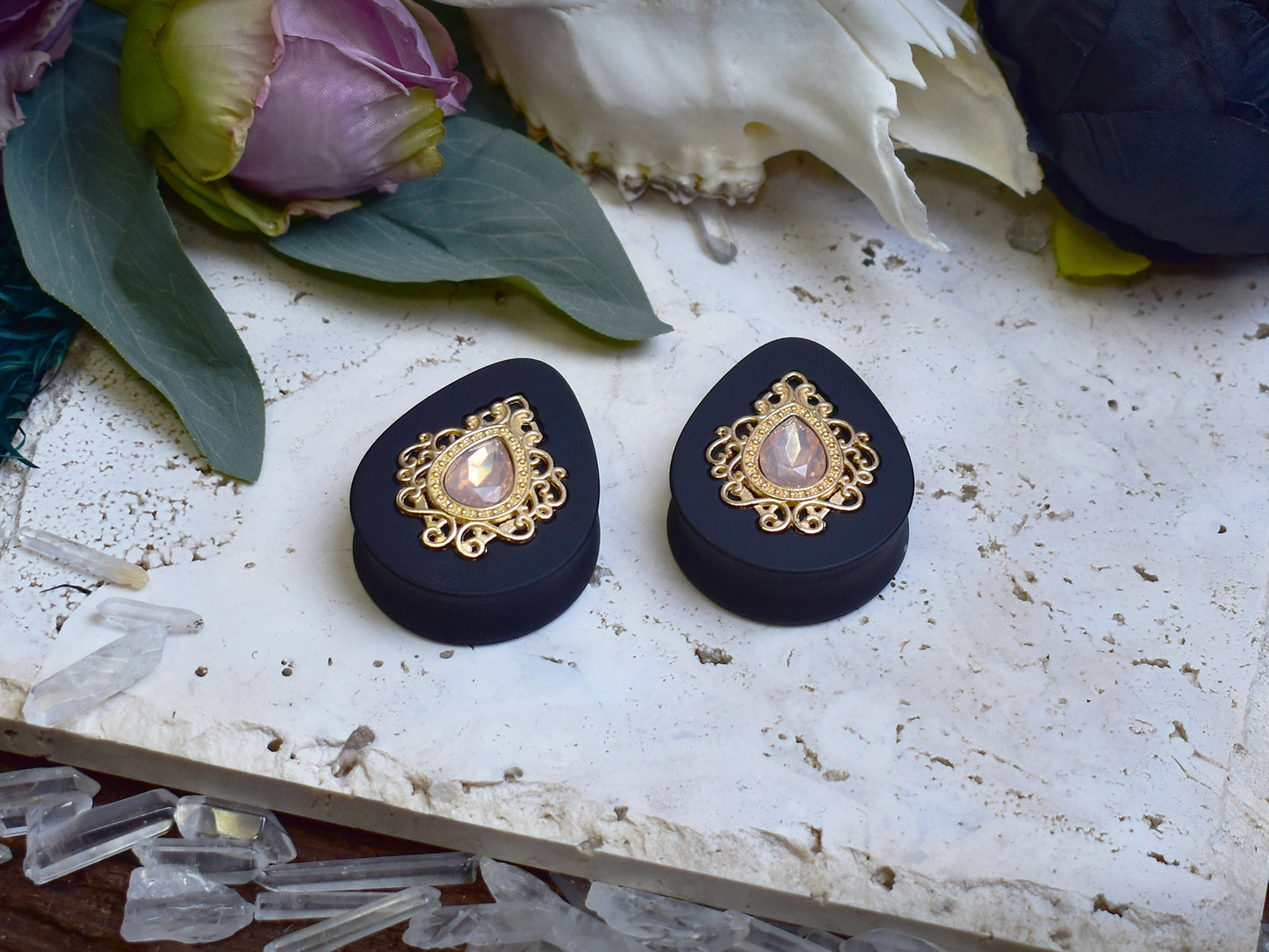 Teardrop Ear Plugs 34-60mm with Opal Peach Crystal & Gold Victorian Decoration