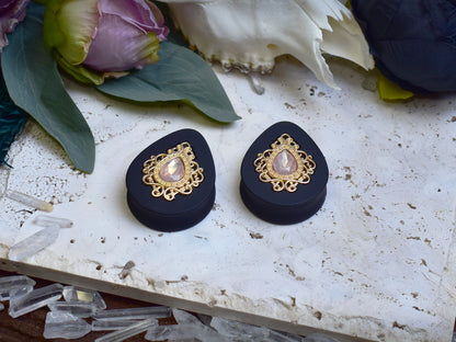 Teardrop Ear Plugs 34-60mm with Opal Peach Crystal & Gold Victorian Decoration