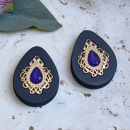 Teardrop Ear Plugs 34-60mm with Opal Violet Crystal & Gold Victorian Decoration