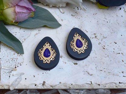 Teardrop Ear Plugs 34-60mm with Opal Violet Crystal & Gold Victorian Decoration