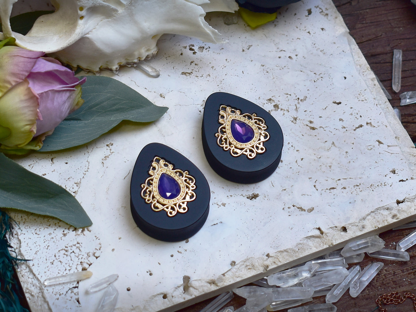 Teardrop Ear Plugs 34-60mm with Opal Violet Crystal & Gold Victorian Decoration