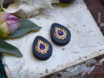 Teardrop Ear Plugs 34-60mm with Opal Violet Crystal & Gold Victorian Decoration