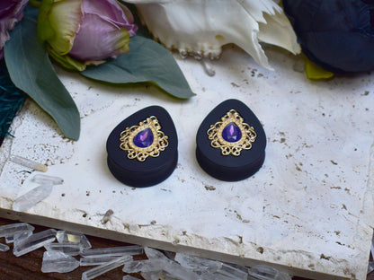 Teardrop Ear Plugs 34-60mm with Opal Violet Crystal & Gold Victorian Decoration