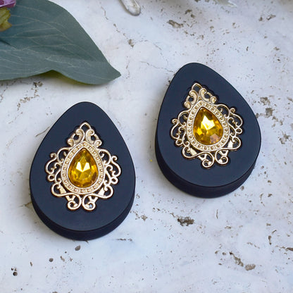 Teardrop Ear Plugs 34-60mm with Amber Crystal & Gold Victorian Decoration