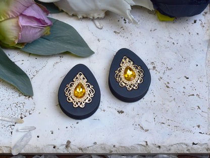 Teardrop Ear Plugs 34-60mm with Amber Crystal & Gold Victorian Decoration