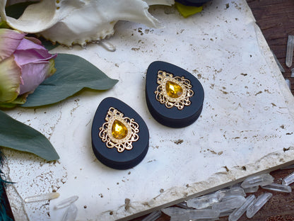 Teardrop Ear Plugs 34-60mm with Amber Crystal & Gold Victorian Decoration