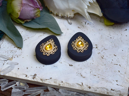 Teardrop Ear Plugs 34-60mm with Amber Crystal & Gold Victorian Decoration