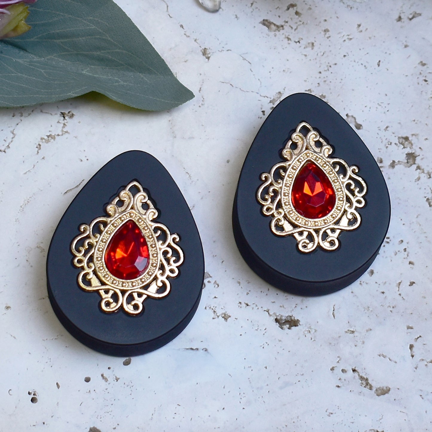 Teardrop Ear Plugs 34-60mm with Red Crystal & Gold Victorian Decoration