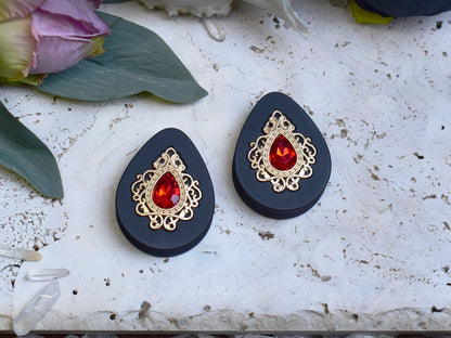 Teardrop Ear Plugs 34-60mm with Red Crystal & Gold Victorian Decoration