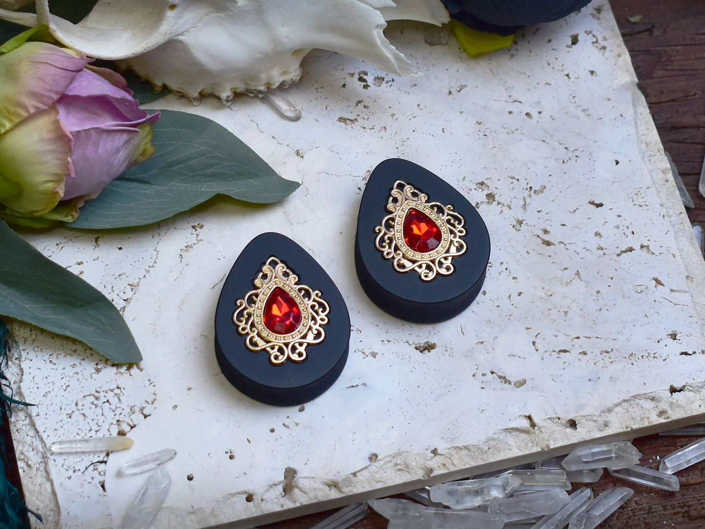 Teardrop Ear Plugs 34-60mm with Red Crystal & Gold Victorian Decoration
