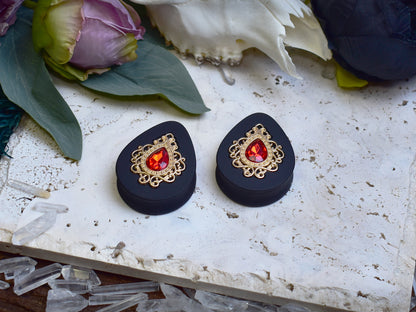 Teardrop Ear Plugs 34-60mm with Red Crystal & Gold Victorian Decoration