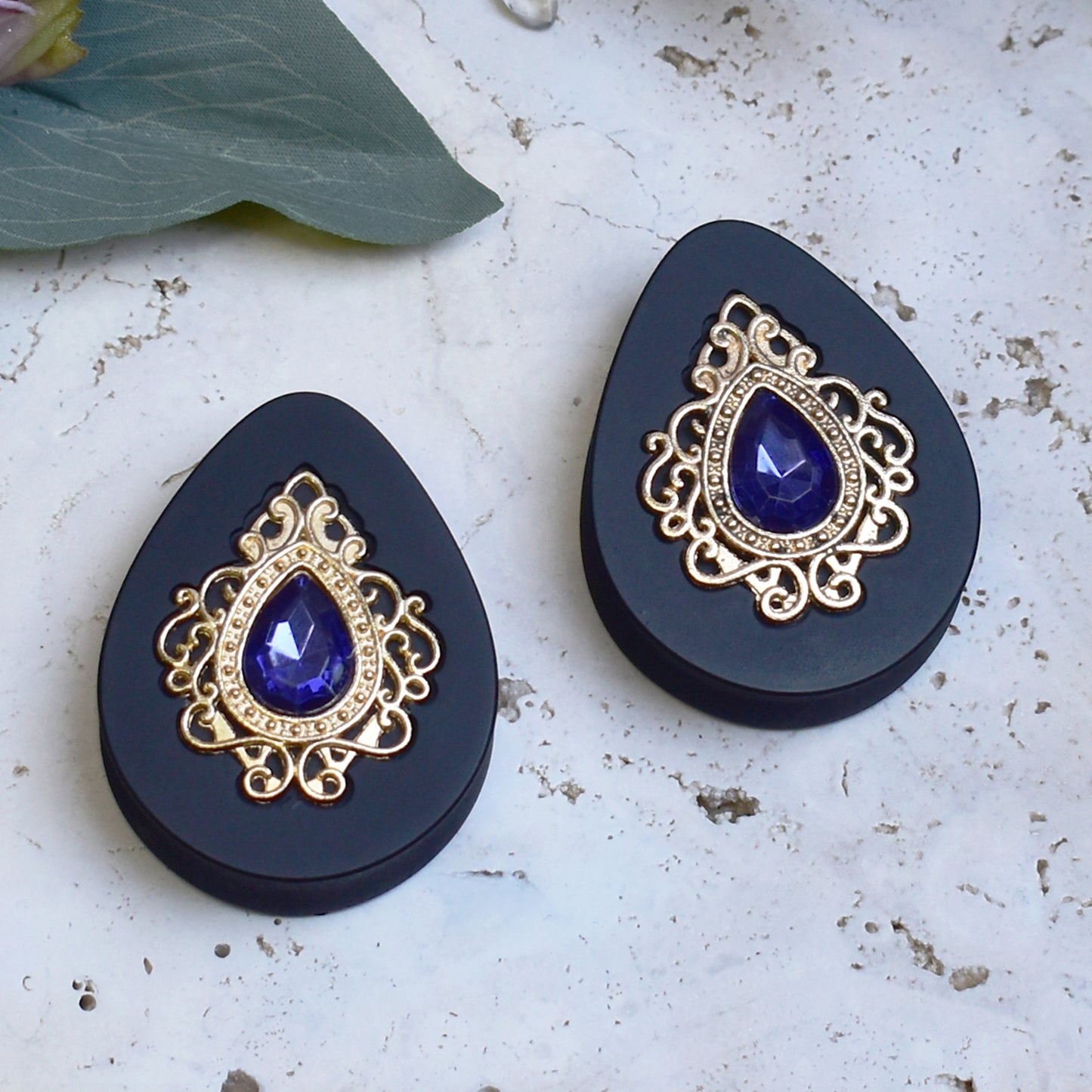 Teardrop Ear Plugs 34-60mm with Navy Blue Crystal & Gold Victorian Decoration