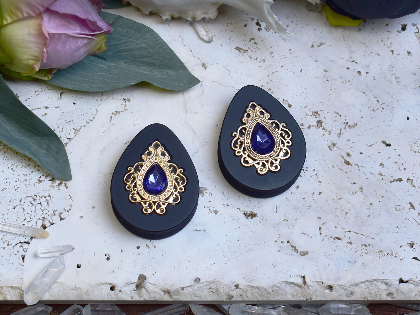 Teardrop Ear Plugs 34-60mm with Navy Blue Crystal & Gold Victorian Decoration
