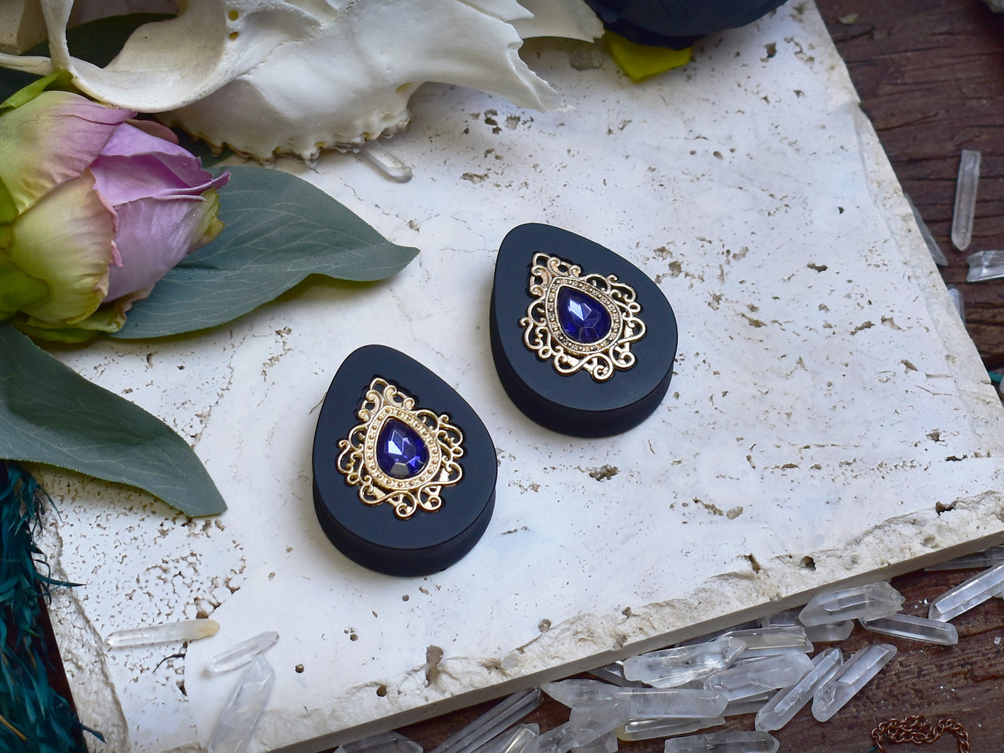 Teardrop Ear Plugs 34-60mm with Navy Blue Crystal & Gold Victorian Decoration