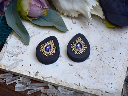 Teardrop Ear Plugs 34-60mm with Navy Blue Crystal & Gold Victorian Decoration