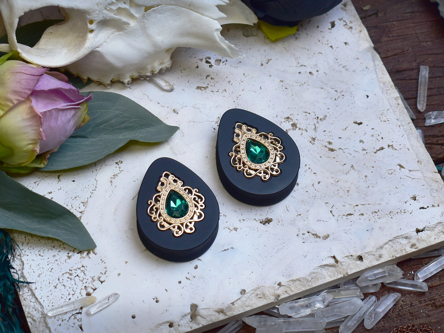 Teardrop Ear Plugs 34-60mm with Emerald Crystal & Gold Victorian Decoration
