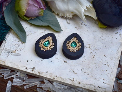 Teardrop Ear Plugs 34-60mm with Emerald Crystal & Gold Victorian Decoration