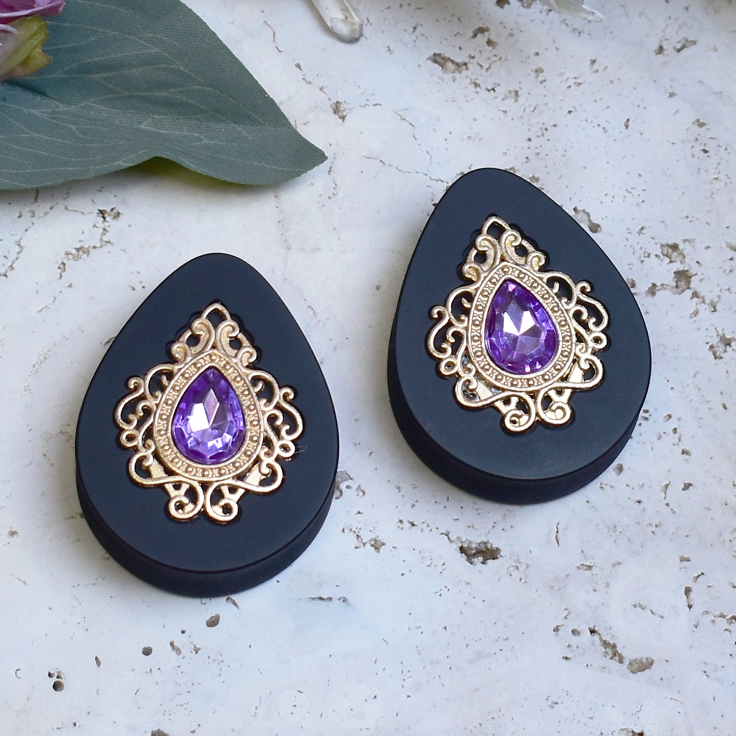 Teardrop Ear Plugs 34-60mm with Lavender Crystal & Gold Victorian Decoration