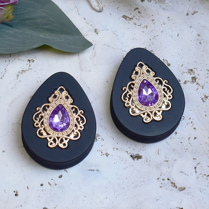 Teardrop Ear Plugs 34-60mm with Lavender Crystal & Gold Victorian Decoration