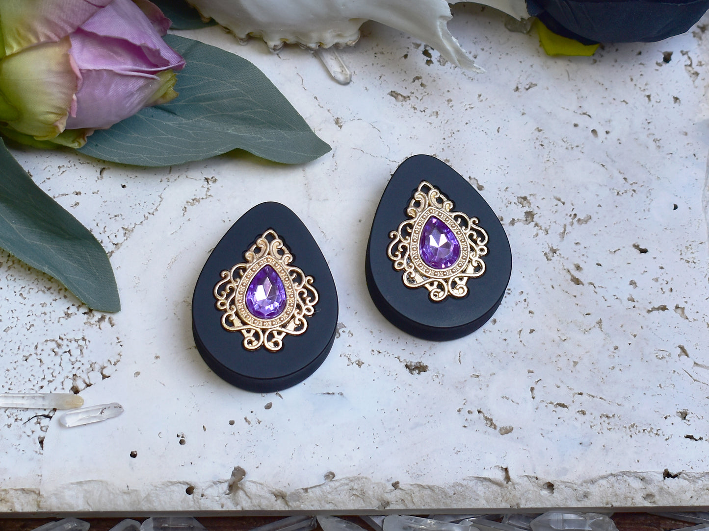 Teardrop Ear Plugs 34-60mm with Lavender Crystal & Gold Victorian Decoration