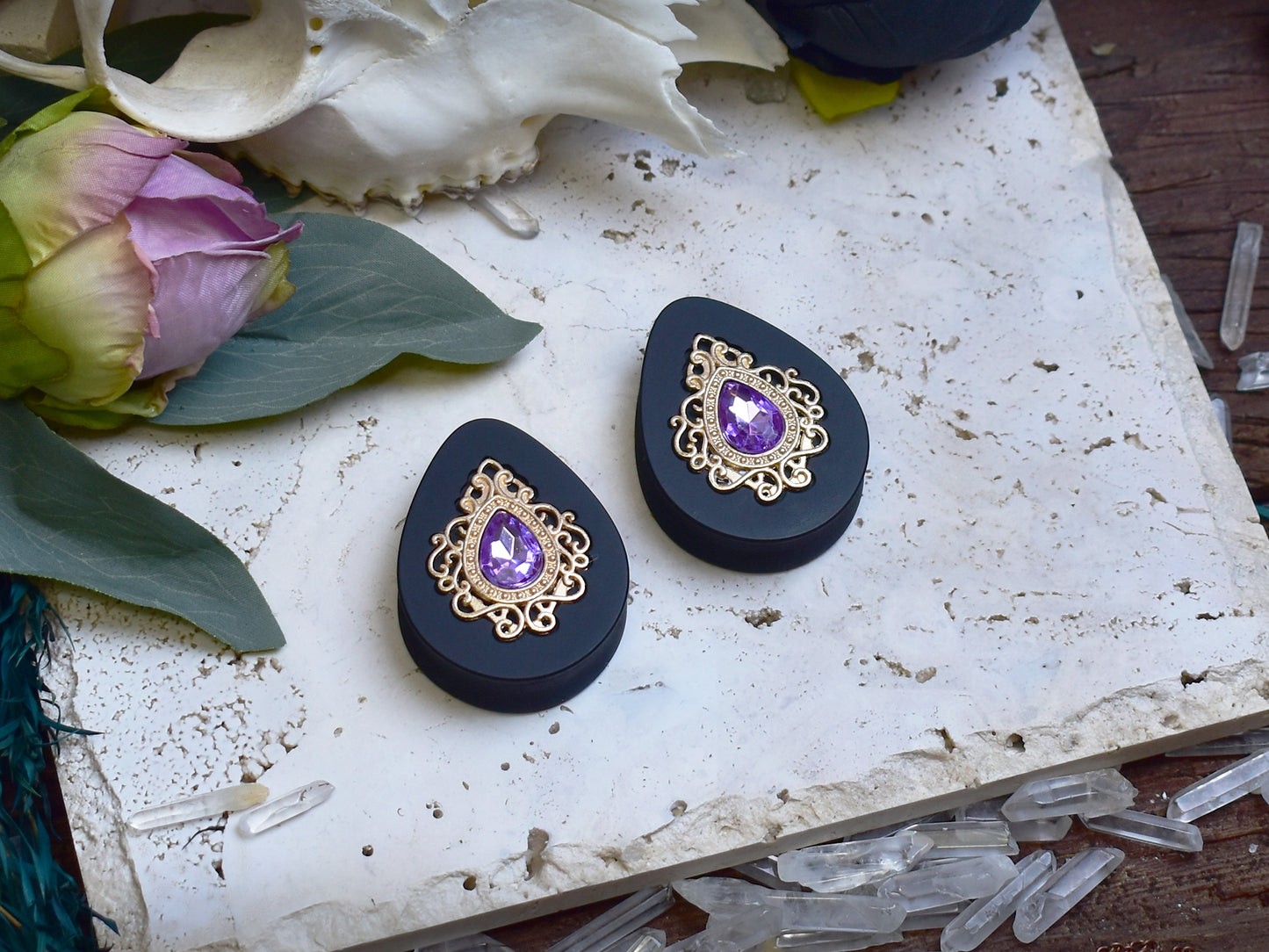 Teardrop Ear Plugs 34-60mm with Lavender Crystal & Gold Victorian Decoration