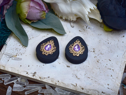 Teardrop Ear Plugs 34-60mm with Lavender Crystal & Gold Victorian Decoration