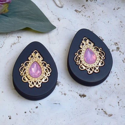 Teardrop Ear Plugs 34-60mm with Opal Pink Crystal & Gold Victorian Decoration