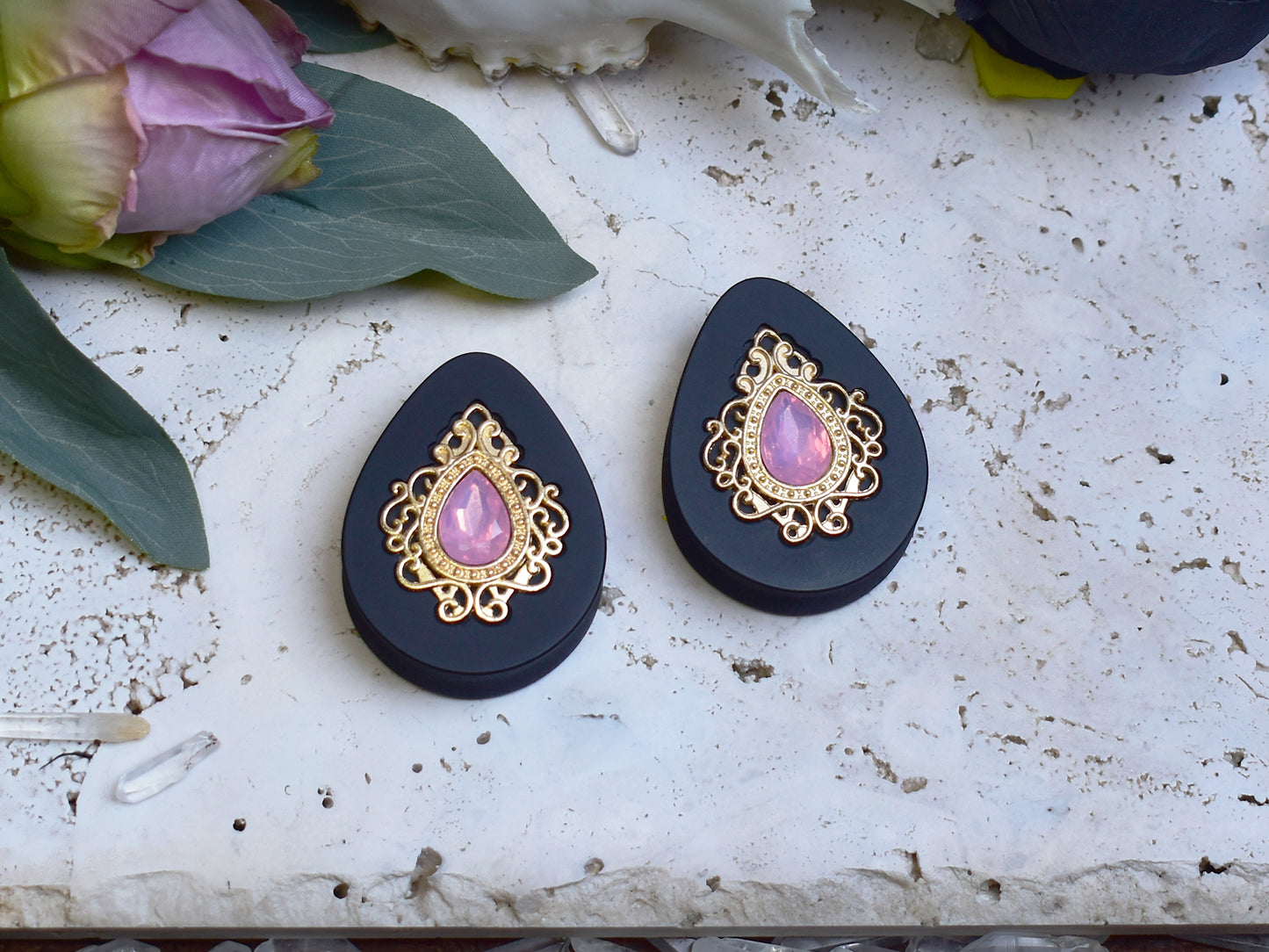 Teardrop Ear Plugs 34-60mm with Opal Pink Crystal & Gold Victorian Decoration