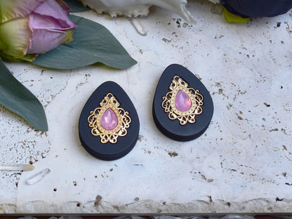 Teardrop Ear Plugs 34-60mm with Opal Pink Crystal & Gold Victorian Decoration