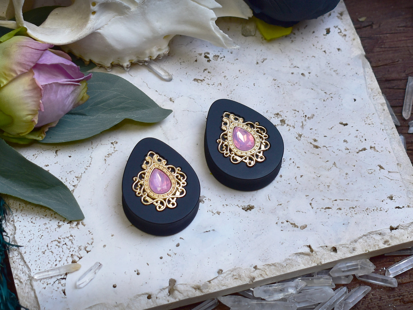 Teardrop Ear Plugs 34-60mm with Opal Pink Crystal & Gold Victorian Decoration