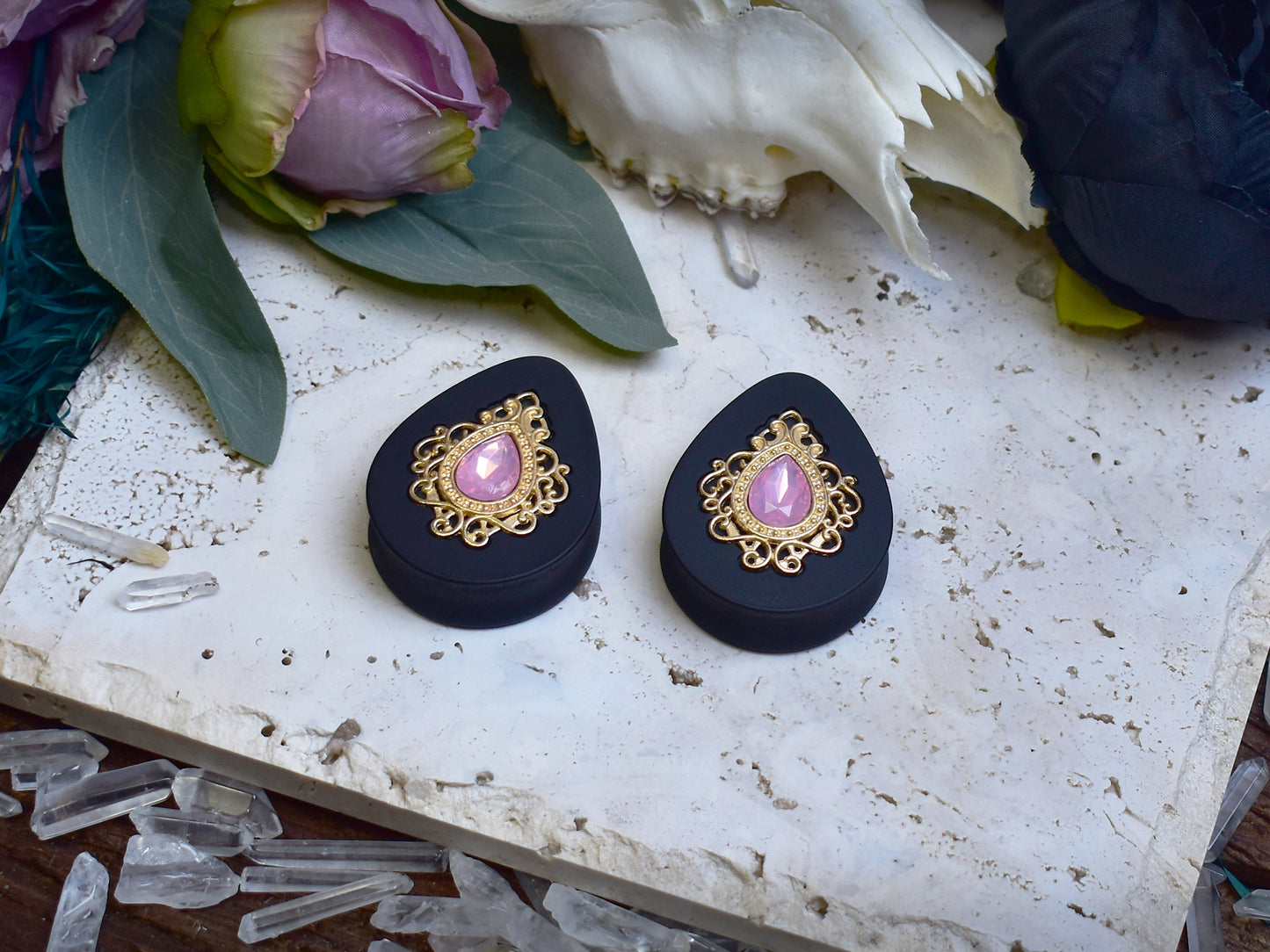Teardrop Ear Plugs 34-60mm with Opal Pink Crystal & Gold Victorian Decoration
