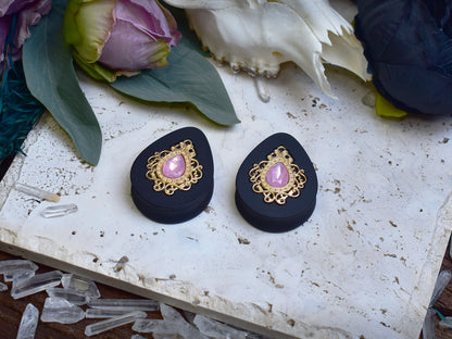 Teardrop Ear Plugs 34-60mm with Opal Pink Crystal & Gold Victorian Decoration