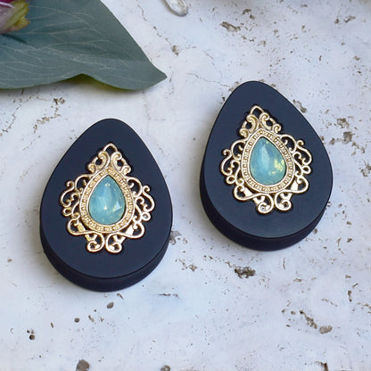 Teardrop Ear Plugs 34-60mm with Opal Blue Crystal & Gold Victorian Decoration