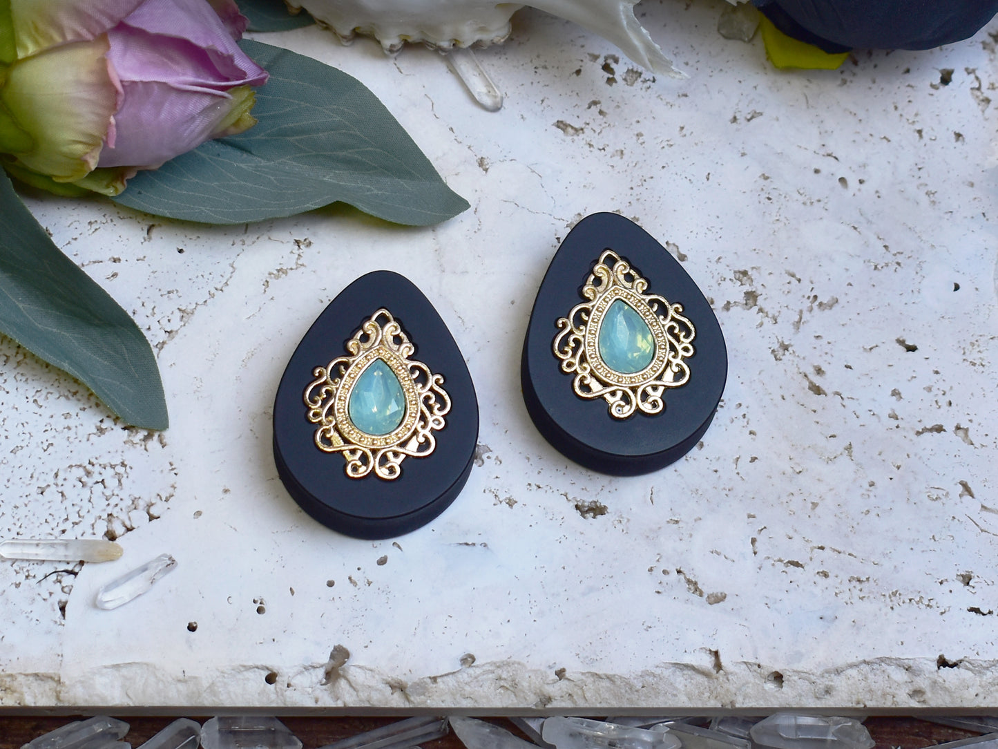 Teardrop Ear Plugs 34-60mm with Opal Blue Crystal & Gold Victorian Decoration