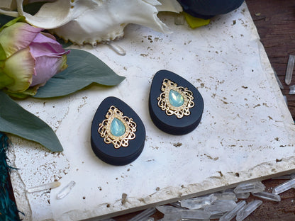 Teardrop Ear Plugs 34-60mm with Opal Blue Crystal & Gold Victorian Decoration