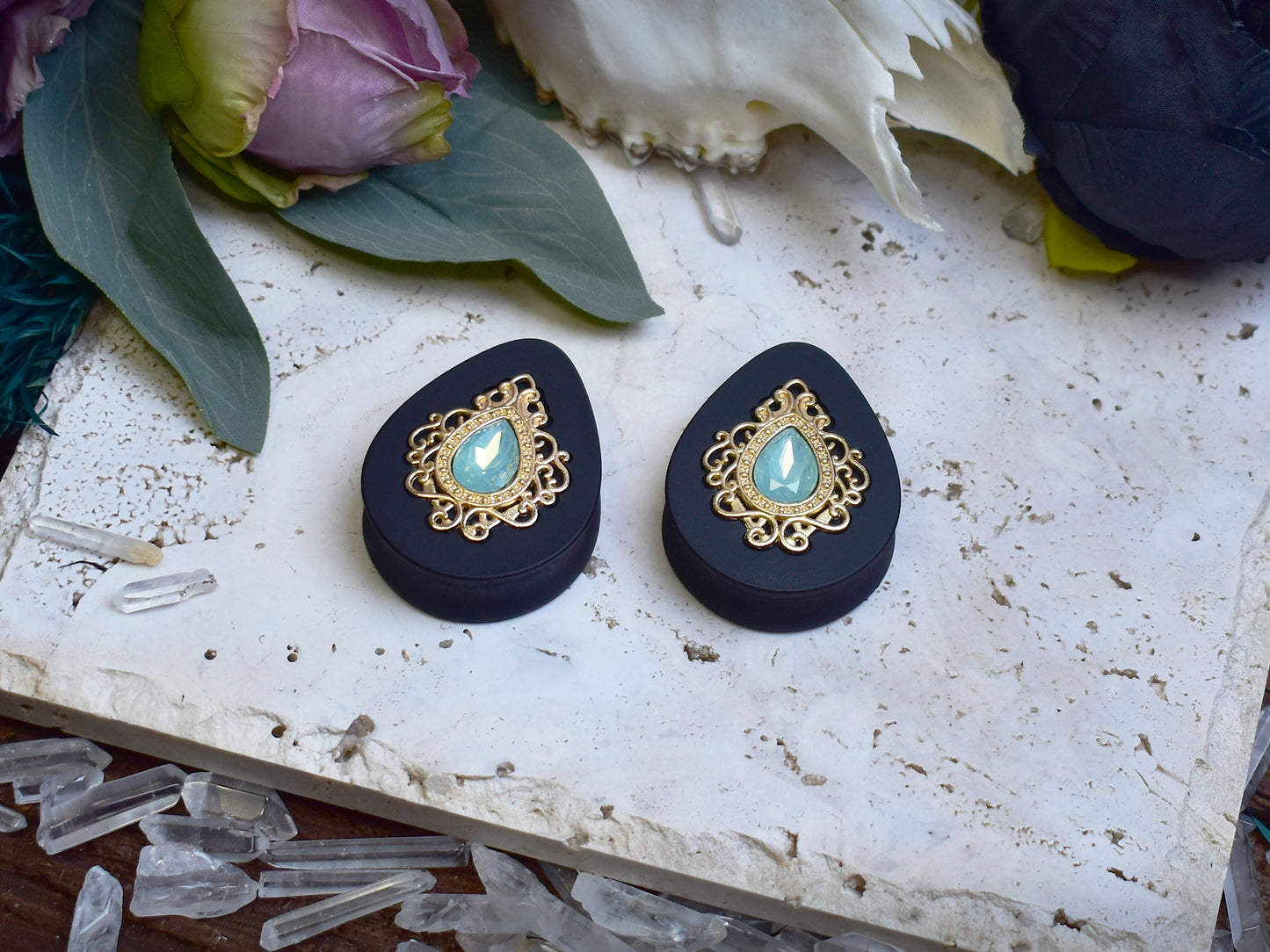 Teardrop Ear Plugs 34-60mm with Opal Blue Crystal & Gold Victorian Decoration