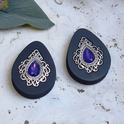 Teardrop Ear Plugs 34-60mm with Opal Violet Crystal & Silver Victorian Decoration