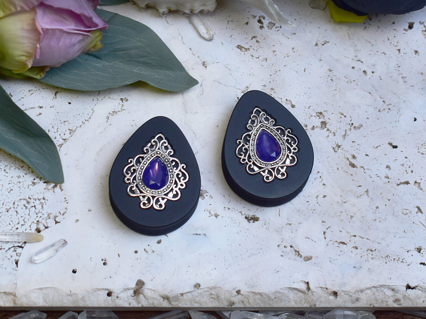 Teardrop Ear Plugs 34-60mm with Opal Violet Crystal & Silver Victorian Decoration