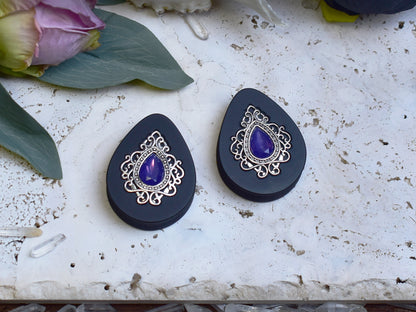 Teardrop Ear Plugs 34-60mm with Opal Violet Crystal & Silver Victorian Decoration