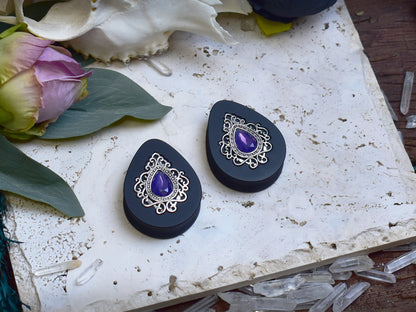 Teardrop Ear Plugs 34-60mm with Opal Violet Crystal & Silver Victorian Decoration