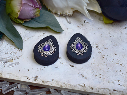 Teardrop Ear Plugs 34-60mm with Opal Violet Crystal & Silver Victorian Decoration