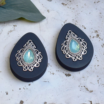 Ear Plugs 34-60mm with Opal Blue Crystal & Silver Victorian Decoration