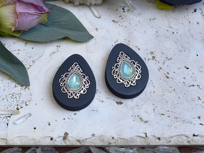 Ear Plugs 34-60mm with Opal Blue Crystal & Silver Victorian Decoration